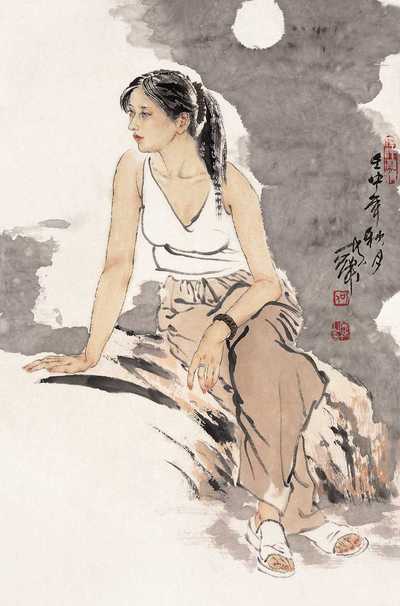 何家英 壬申（1992年）作 月下少女 镜心